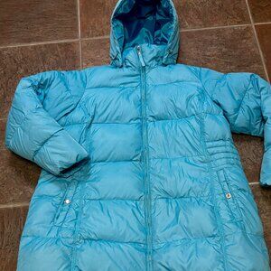 ~~Lands End Woman's Jacket XL/XXL Hooded Puffer BLUE Down Pockets Warm Outdoor